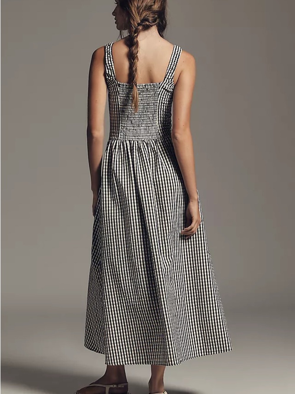 NWT Lucky Brand Black White Gingham V-Neck Smocked Waist Midi Dress - Picture 2 of 9